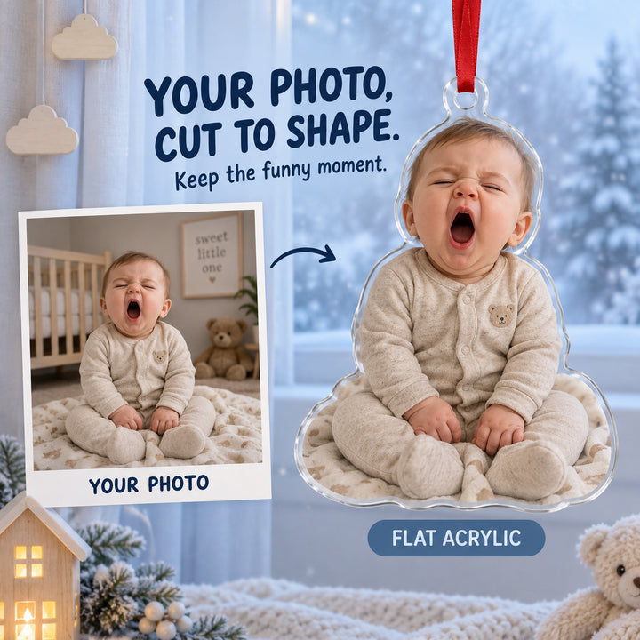 Custom Photo First Christmas Yawn Acrylic Ornament — Main design