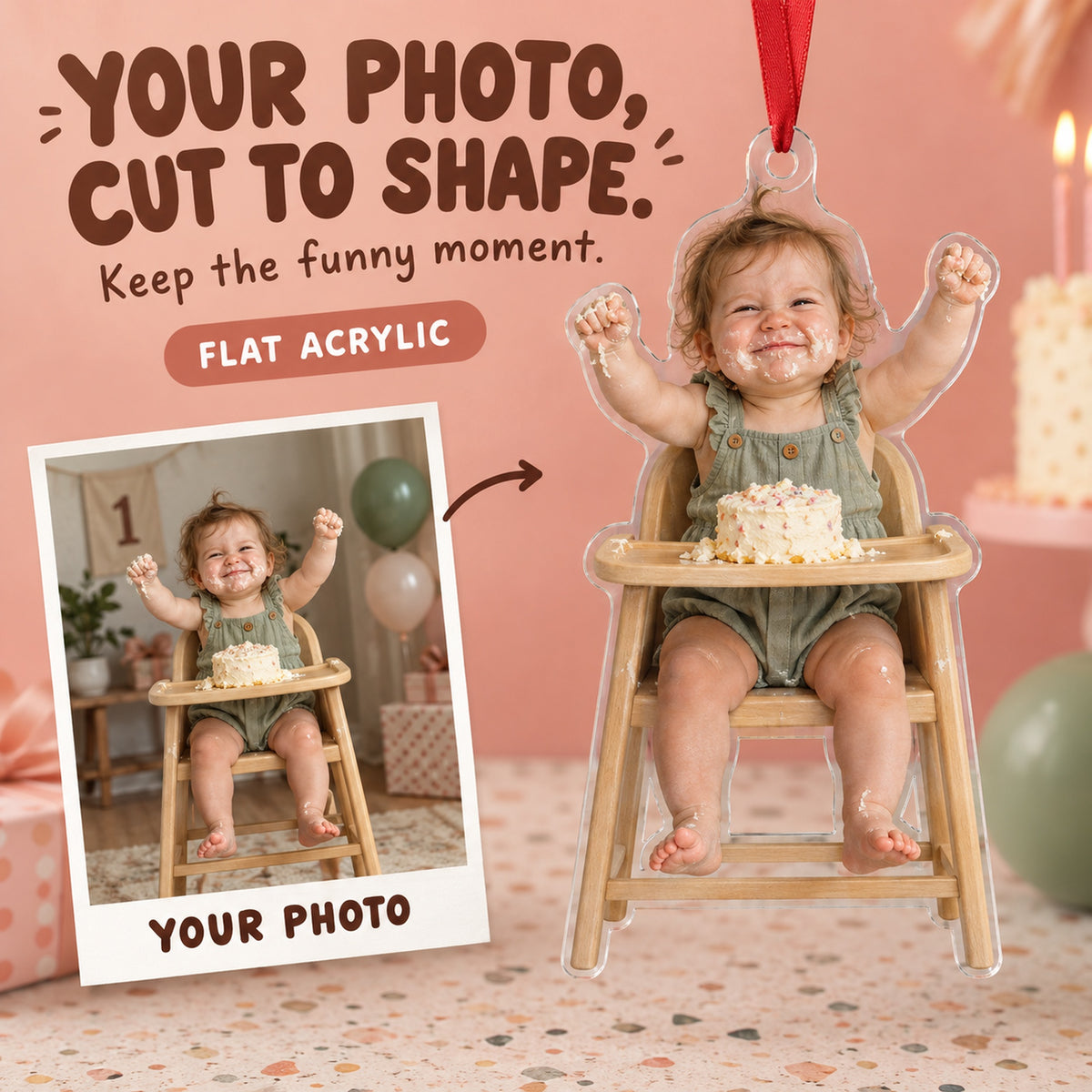 Custom Photo Cake Smash Grin Acrylic Ornament — Main design