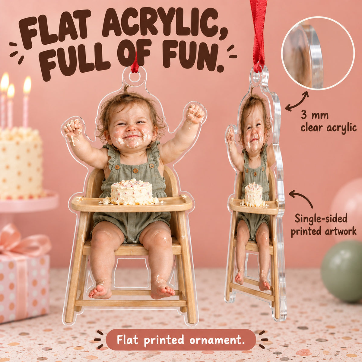 Custom Photo Cake Smash Grin Acrylic Ornament — Flat acrylic material
