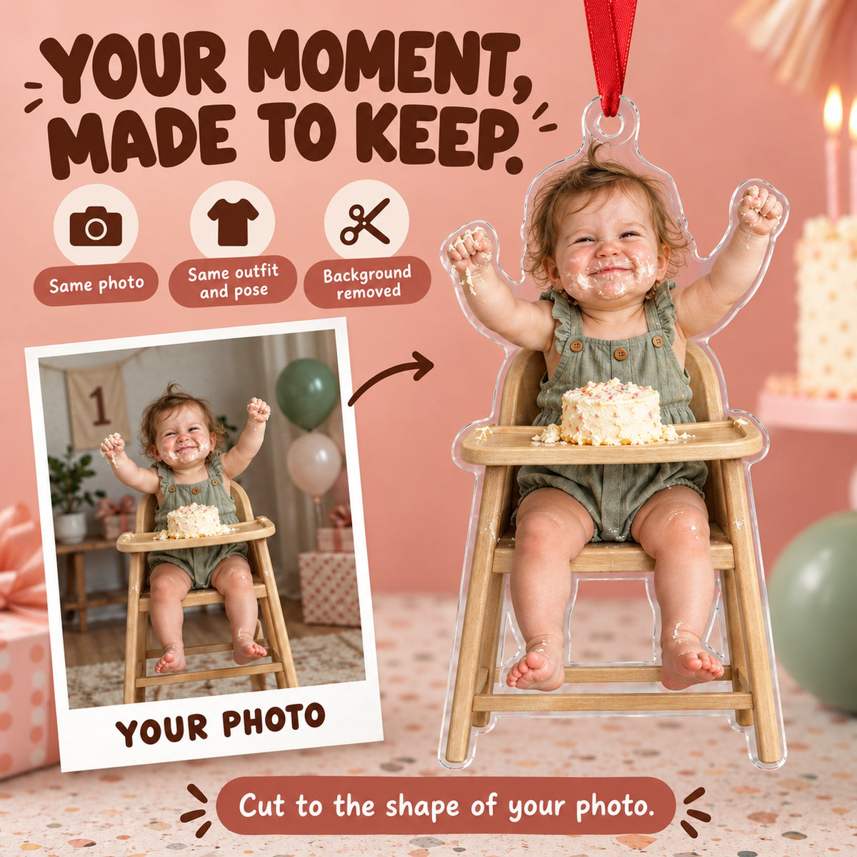 Custom Photo Cake Smash Grin Acrylic Ornament — Personalization example