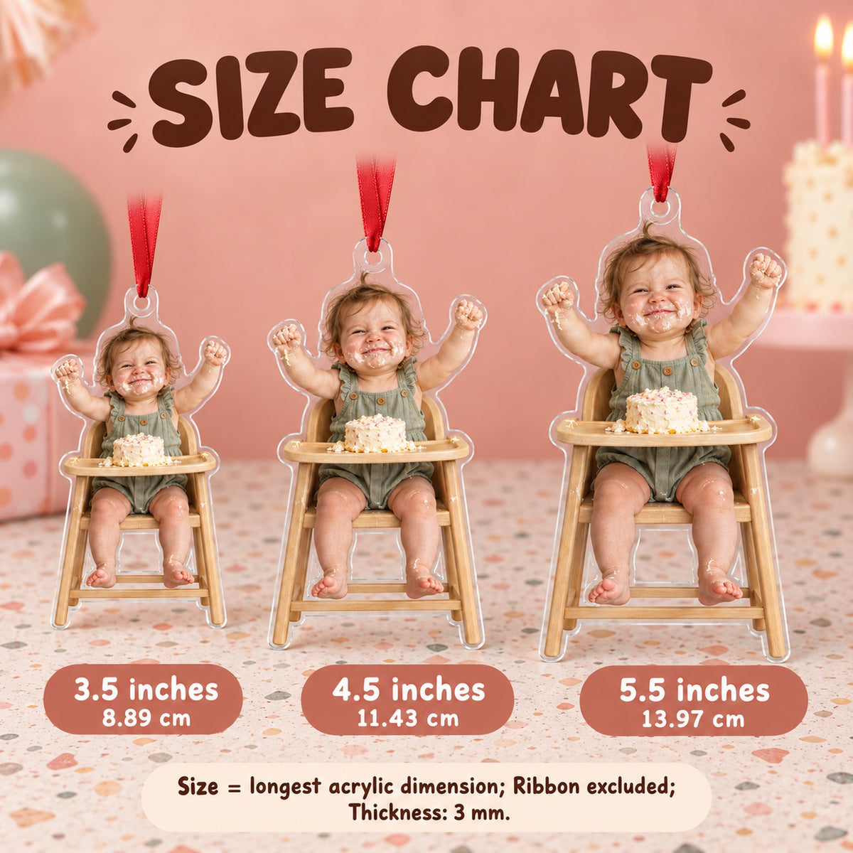 Custom Photo Cake Smash Grin Acrylic Ornament — Size guide