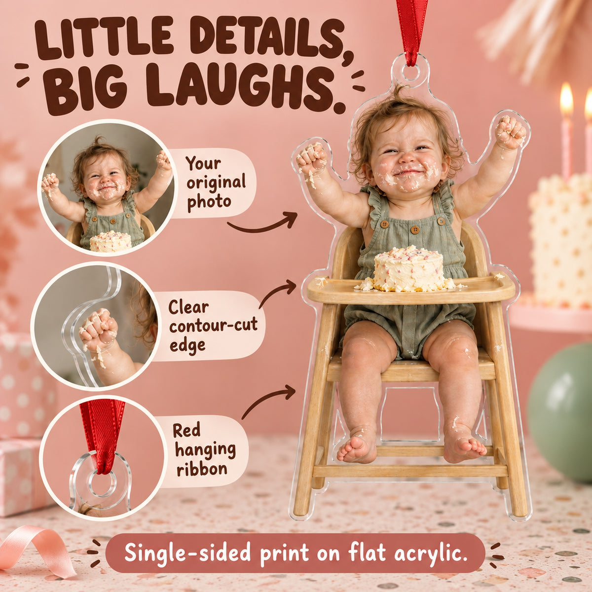 Custom Photo Cake Smash Grin Acrylic Ornament — Product details
