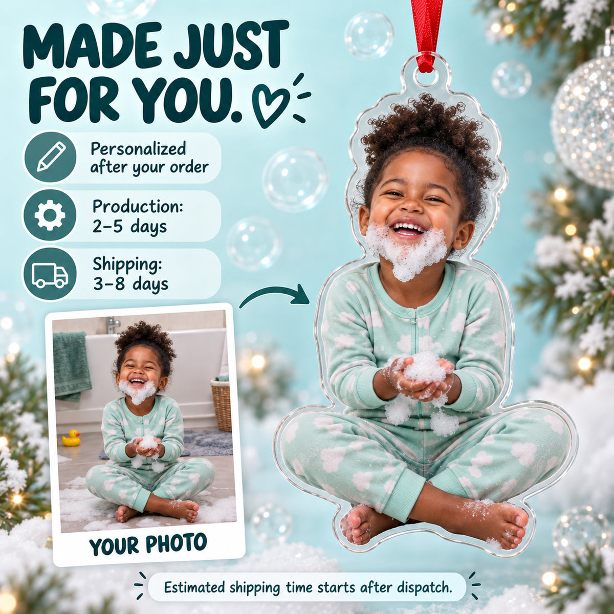 Custom Photo Bubble Beard Acrylic Ornament — Production and delivery