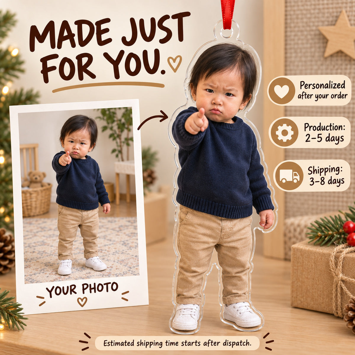 Custom Photo Tiny Boss Point Acrylic Ornament — Production and delivery