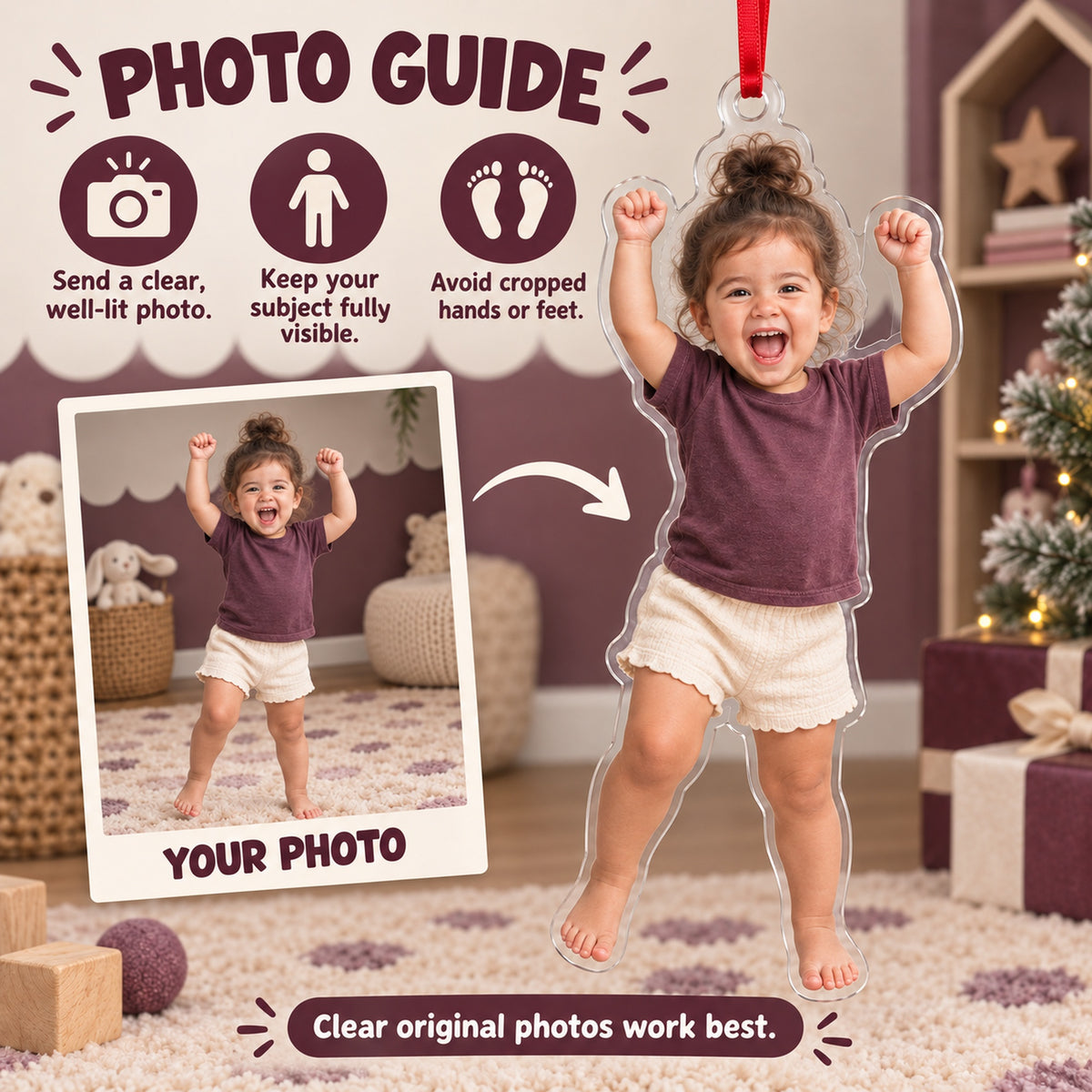 Custom Photo Toddler Victory Dance Acrylic Ornament — Personalization guide