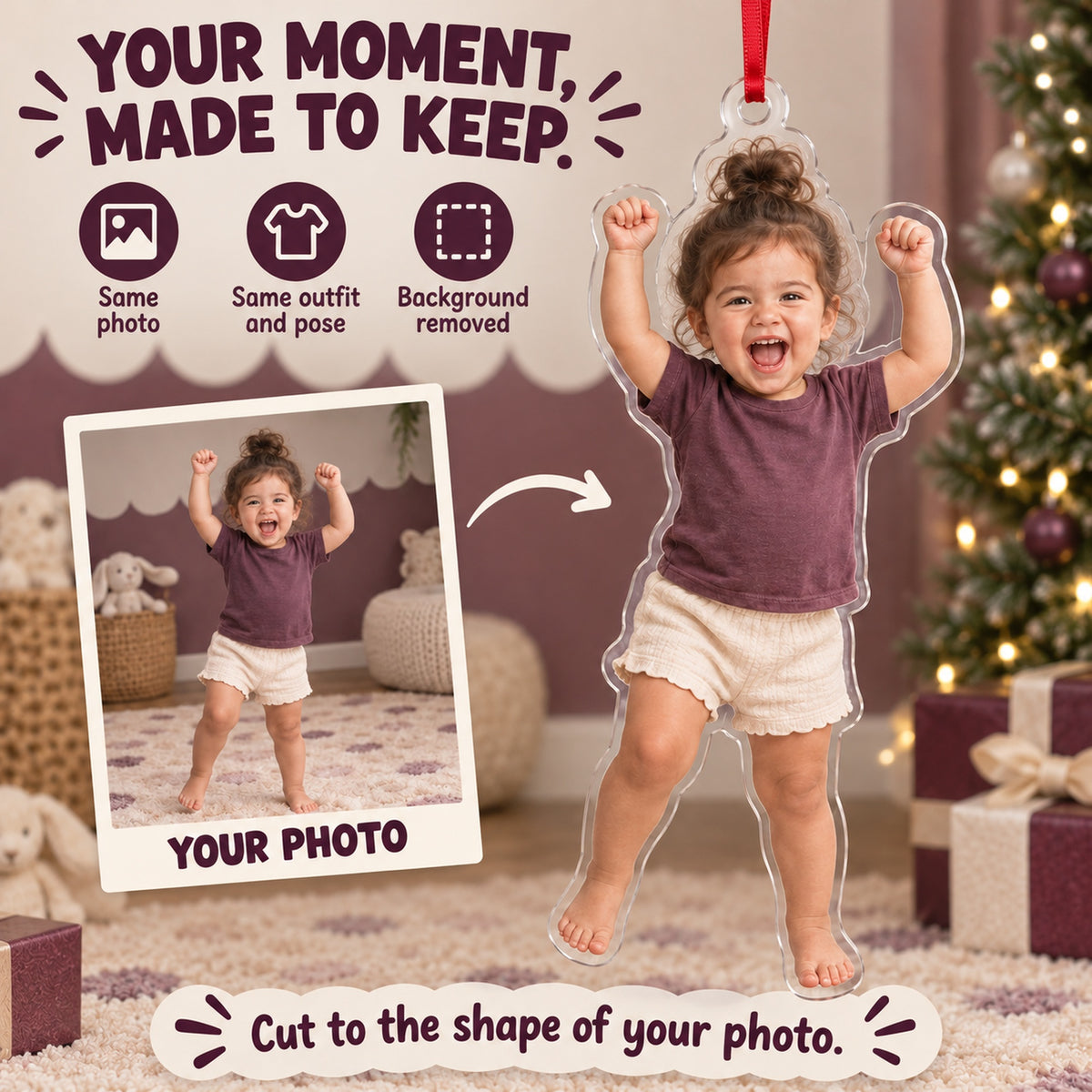 Custom Photo Toddler Victory Dance Acrylic Ornament — Personalization example