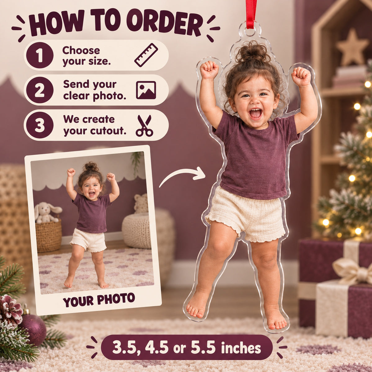 Custom Photo Toddler Victory Dance Acrylic Ornament — How to order
