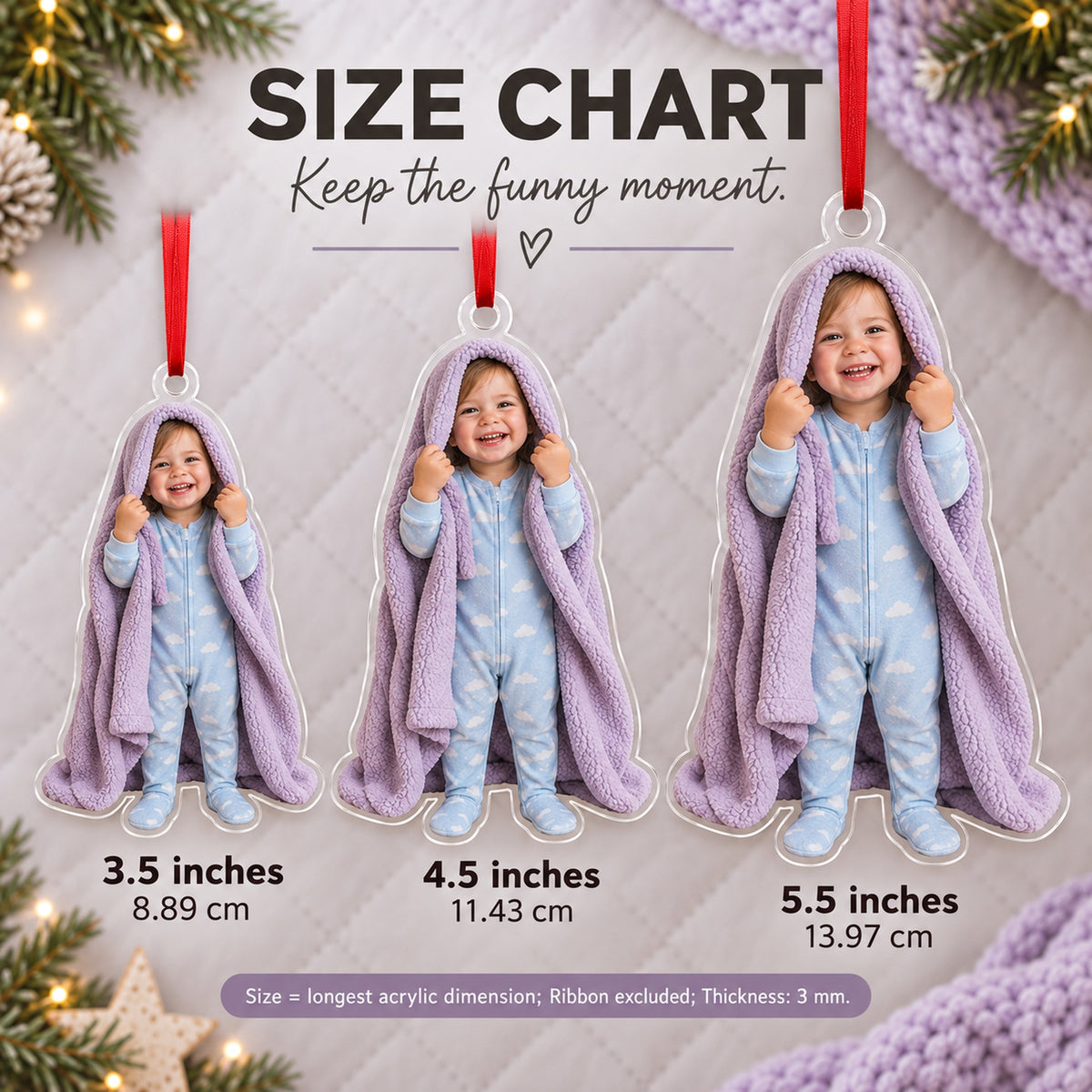Custom Photo Peekaboo Blanket Acrylic Ornament — Size guide
