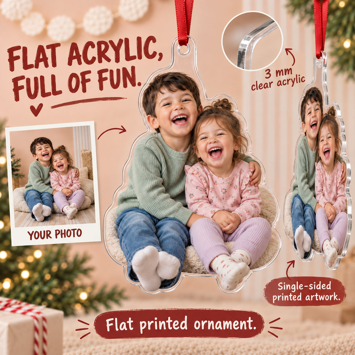 Custom Photo Sibling Giggle Pile Acrylic Ornament — Flat acrylic material