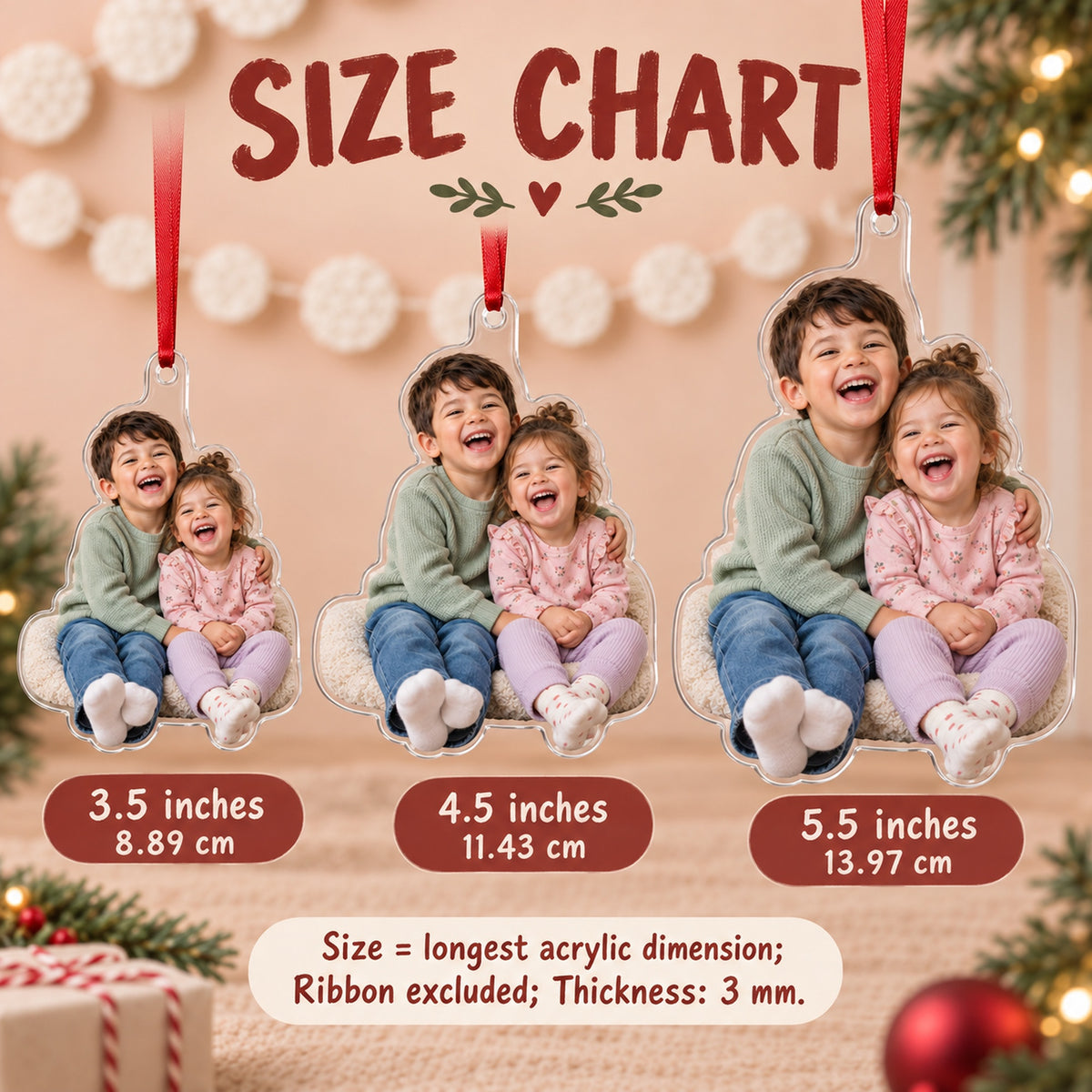 Custom Photo Sibling Giggle Pile Acrylic Ornament — Size guide