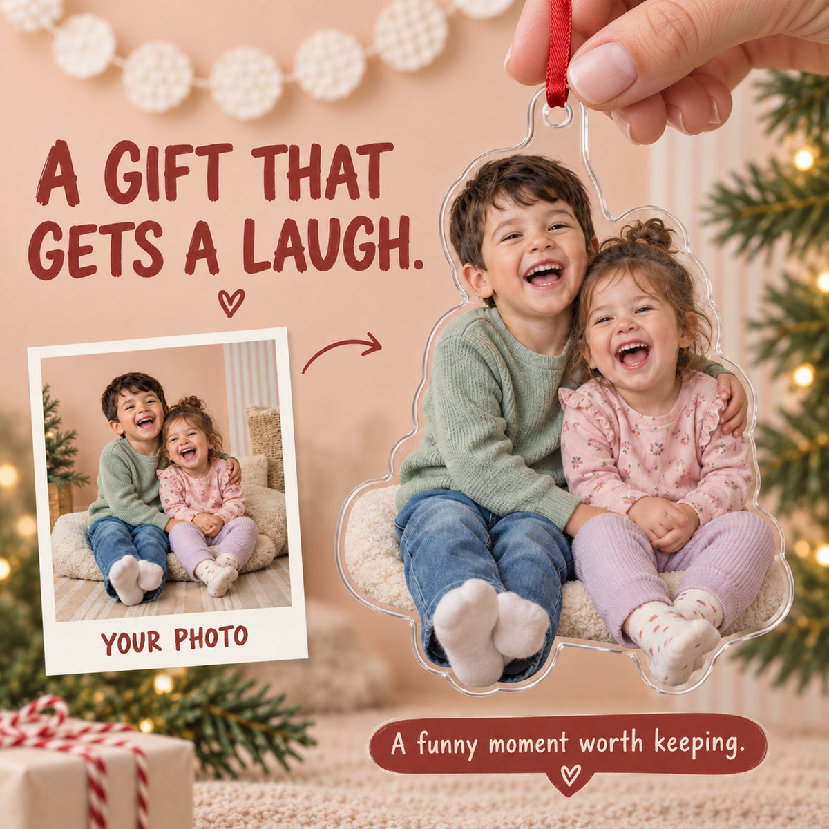 Custom Photo Sibling Giggle Pile Acrylic Ornament — Gift inspiration