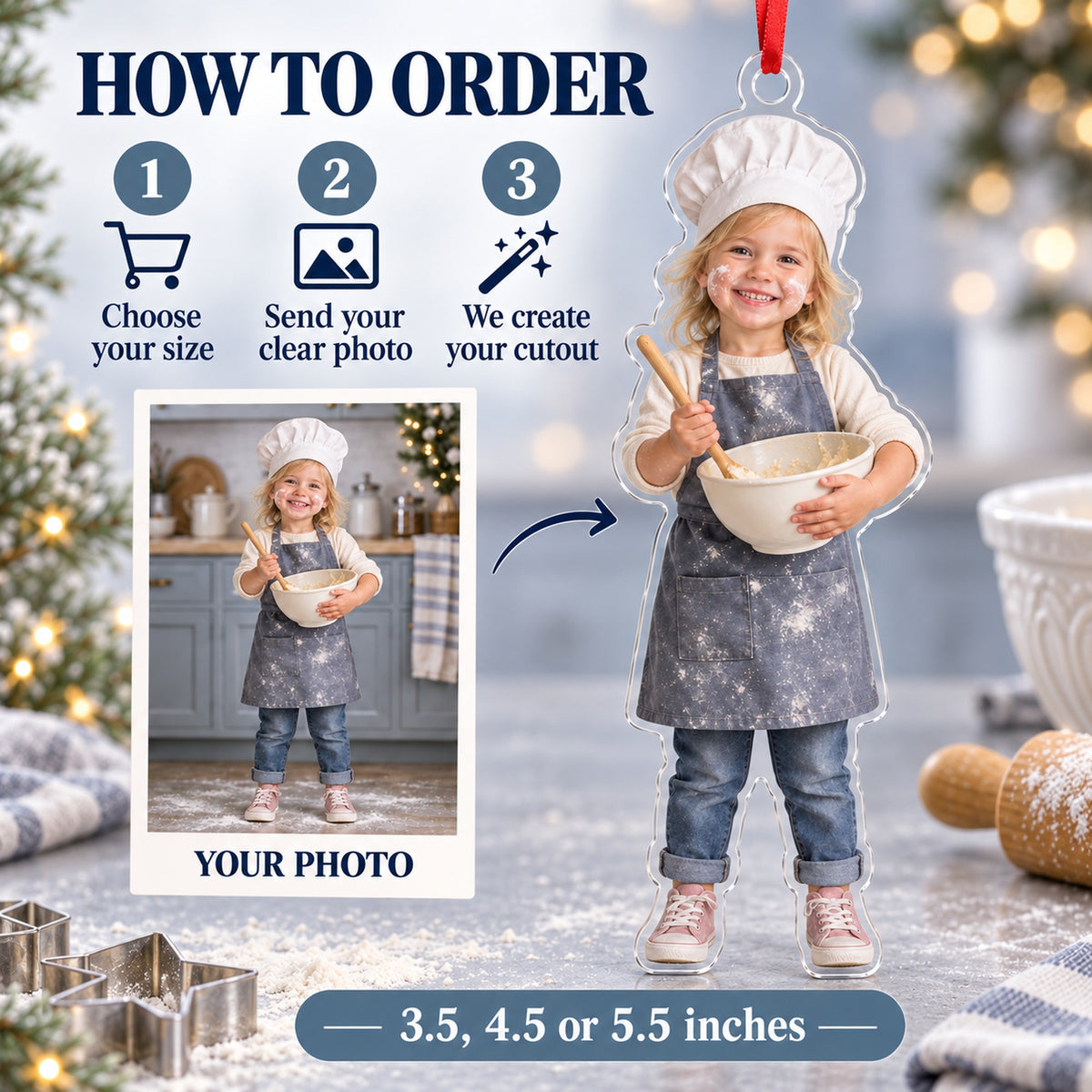 Custom Photo Mini Chef Flour Acrylic Ornament — How to order