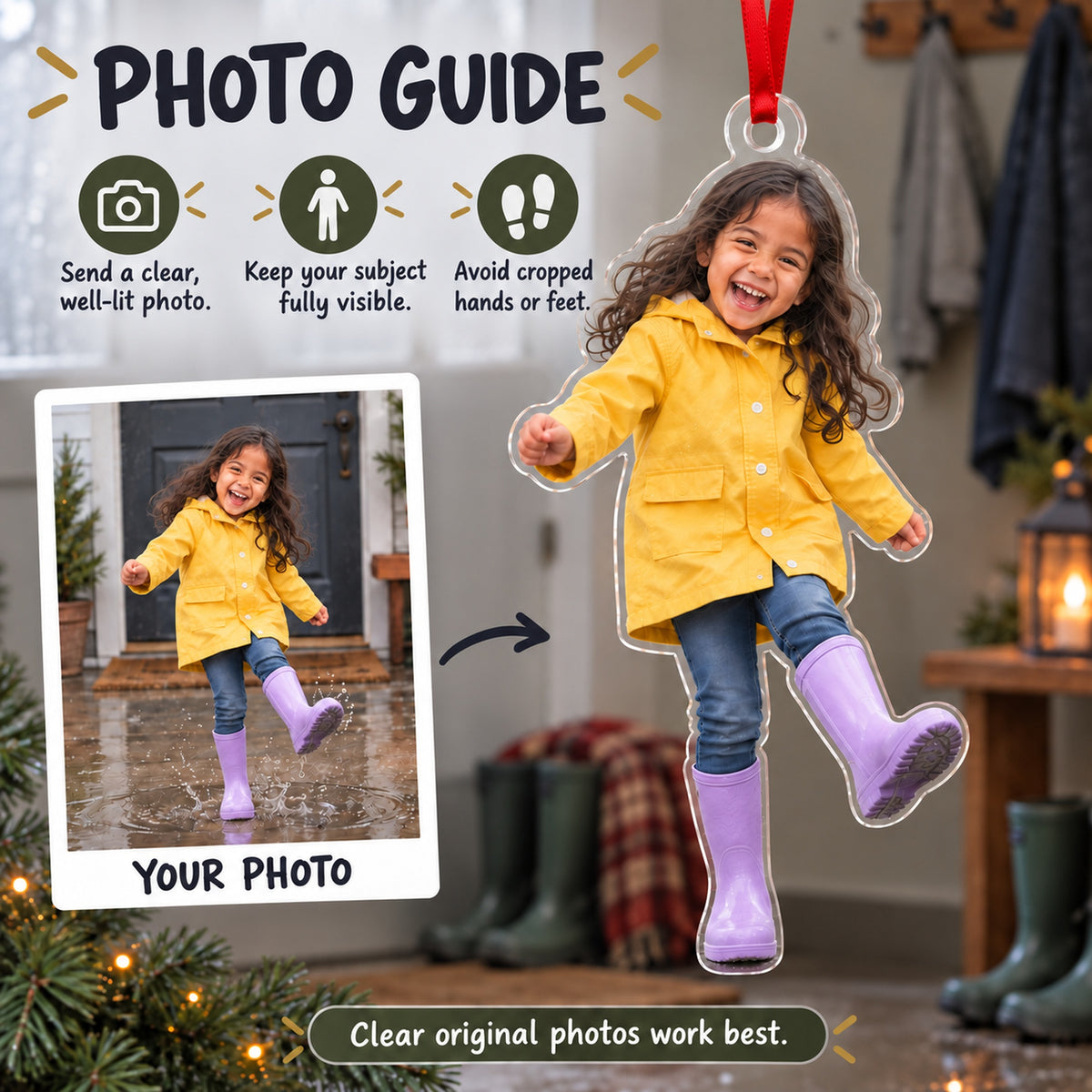 Custom Photo Rain Boot Splash Acrylic Ornament — Personalization guide