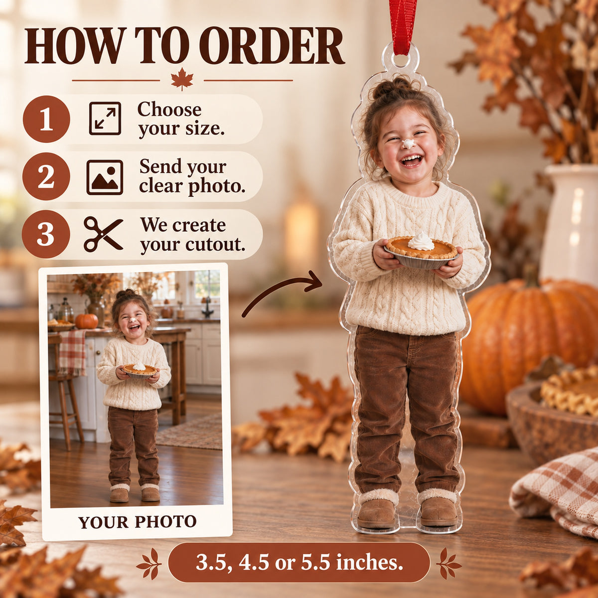 Custom Photo Pumpkin Pie Face Acrylic Ornament — How to order