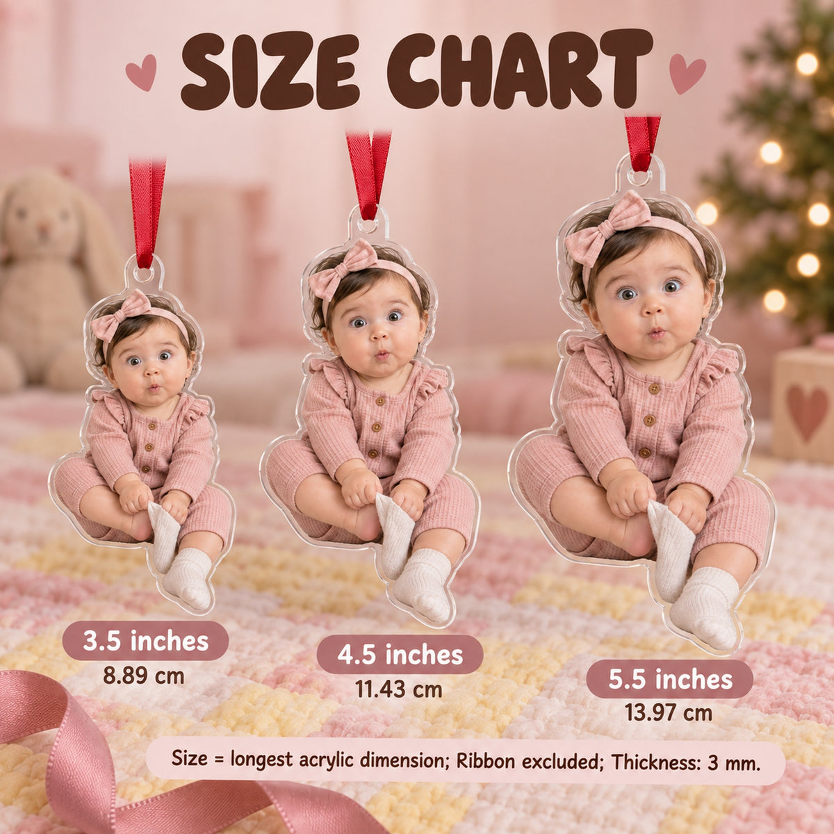 Custom Photo Baby Sock Escape Acrylic Ornament — Size guide