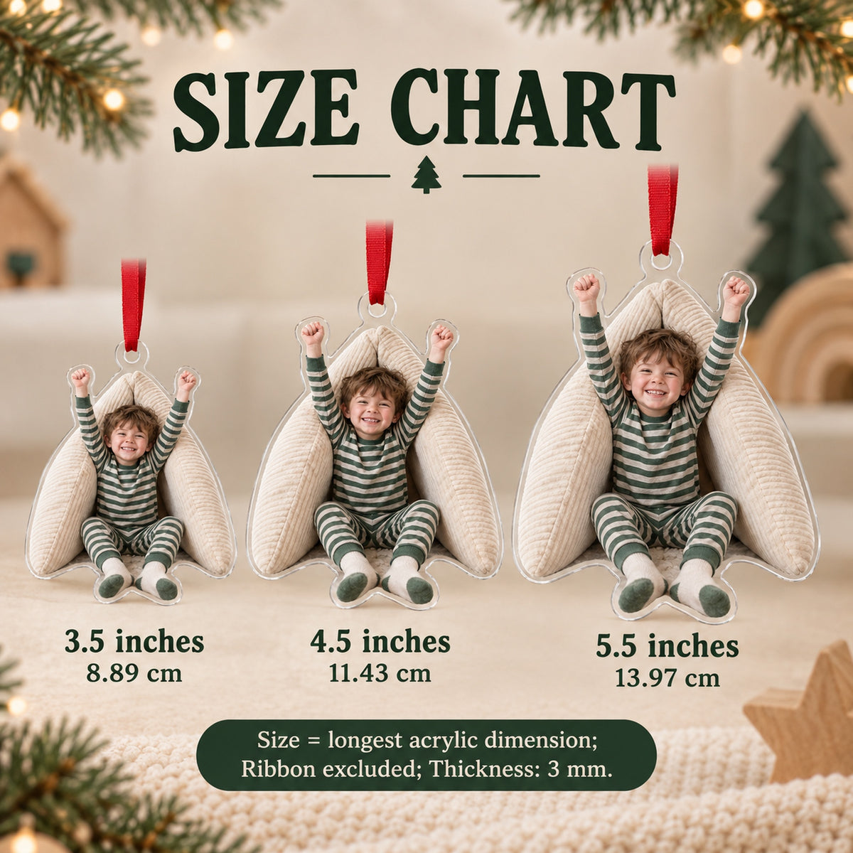 Custom Photo Pillow Fort Captain Acrylic Ornament — Size guide