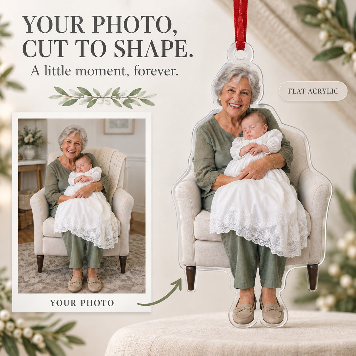 Custom Photo Baptism Sleepy Smile Acrylic Ornament — Main design