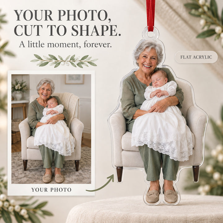 Custom Photo Baptism Sleepy Smile Acrylic Ornament — Main design