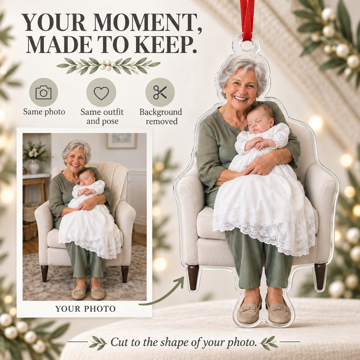 Custom Photo Baptism Sleepy Smile Acrylic Ornament — Personalization example
