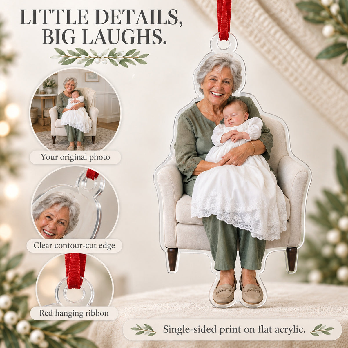 Custom Photo Baptism Sleepy Smile Acrylic Ornament — Product details