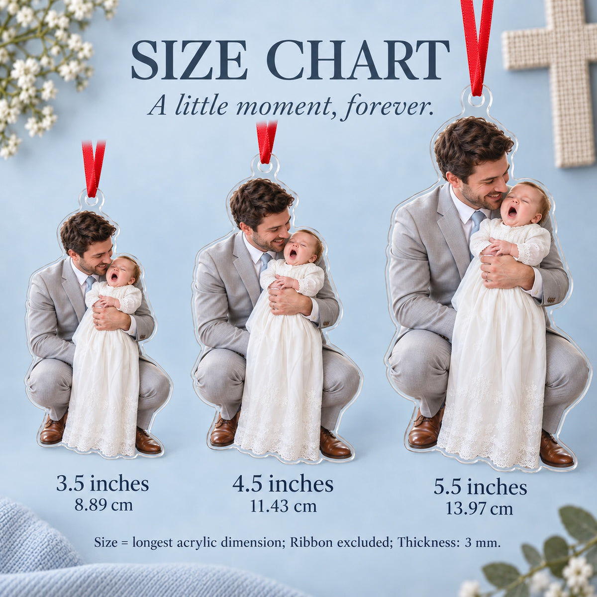 Custom Photo Christening Big Yawn Acrylic Ornament — Size guide