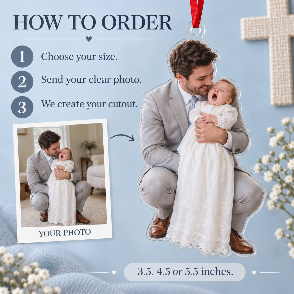 Custom Photo Christening Big Yawn Acrylic Ornament — How to order