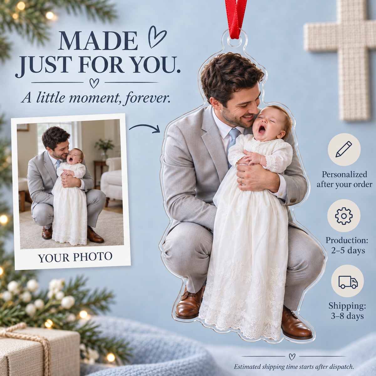 Custom Photo Christening Big Yawn Acrylic Ornament — Production and delivery