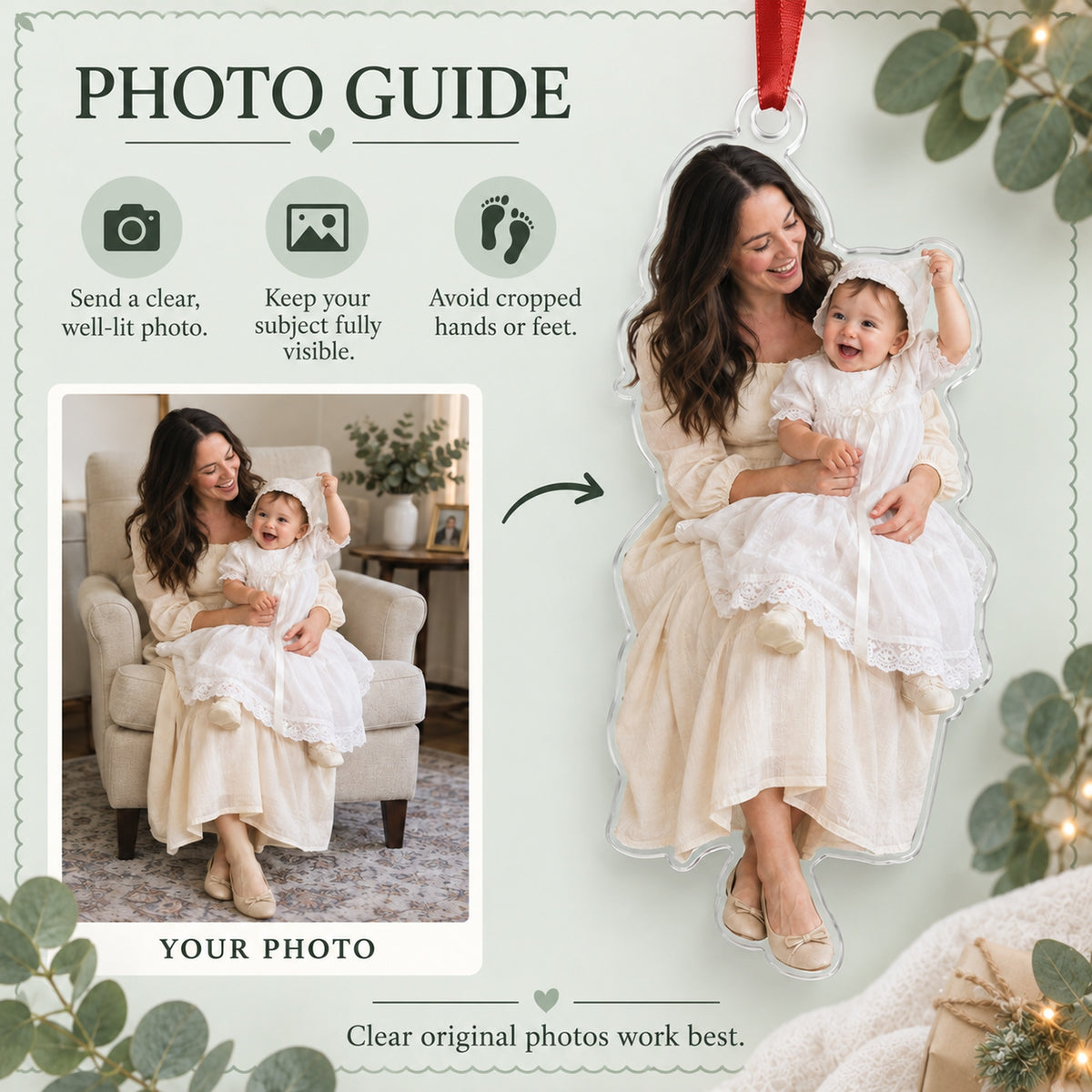 Custom Photo Baptism Bonnet Wiggle Acrylic Ornament — Personalization guide