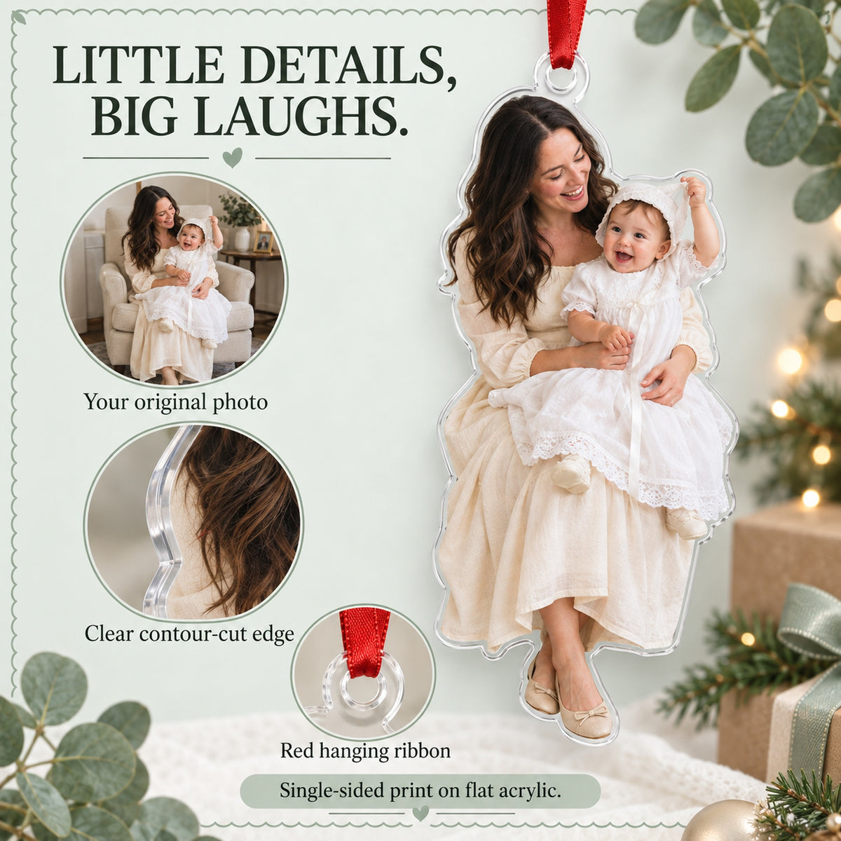 Custom Photo Baptism Bonnet Wiggle Acrylic Ornament — Product details