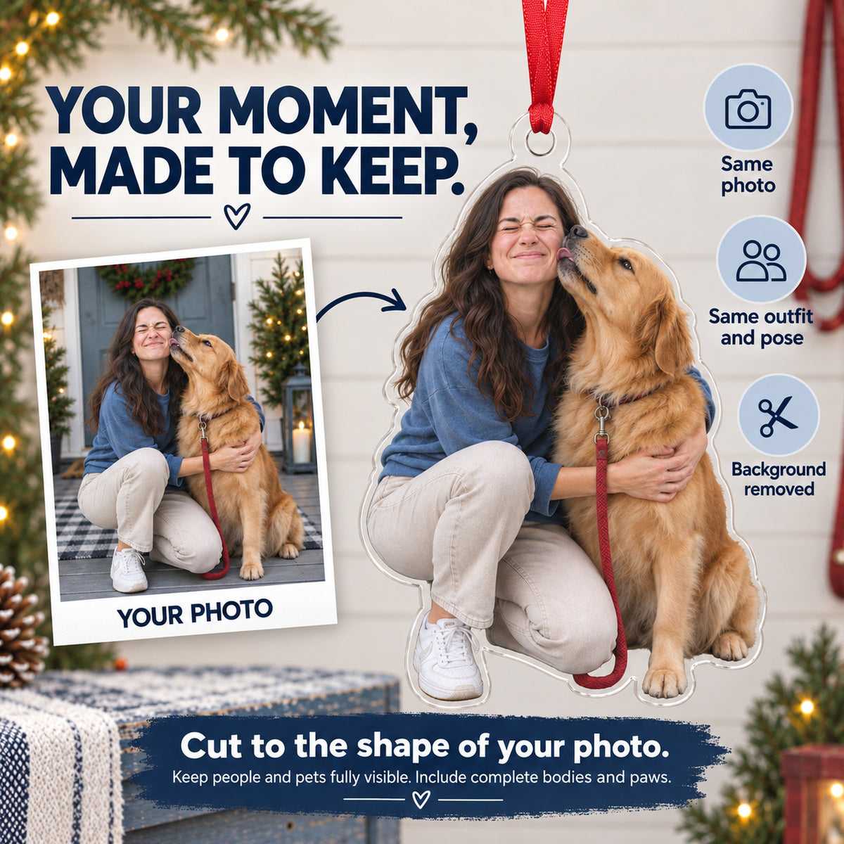 Custom Photo Dog Kiss Photobomb Acrylic Ornament — Personalization example