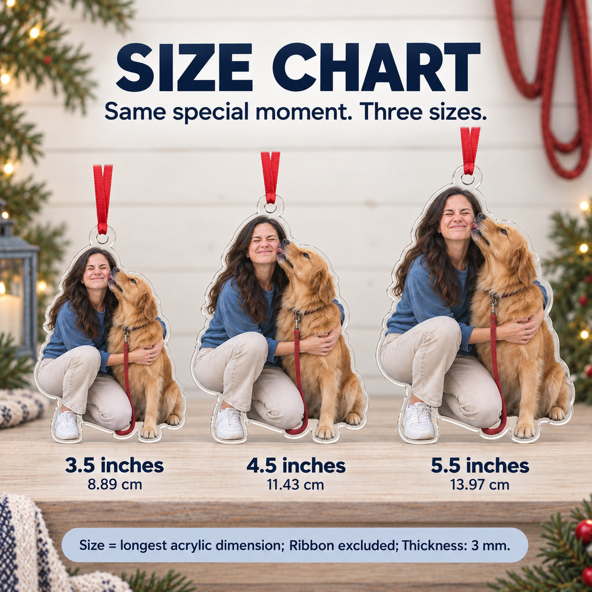 Custom Photo Dog Kiss Photobomb Acrylic Ornament — Size guide
