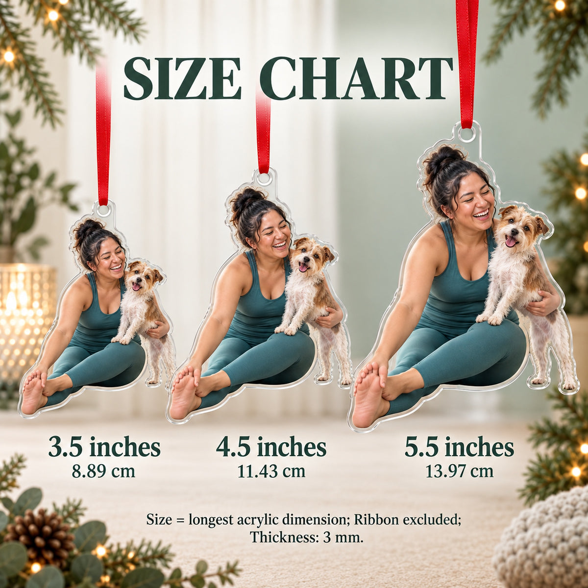 Custom Photo Dog Yoga Assistant Acrylic Ornament — Size guide