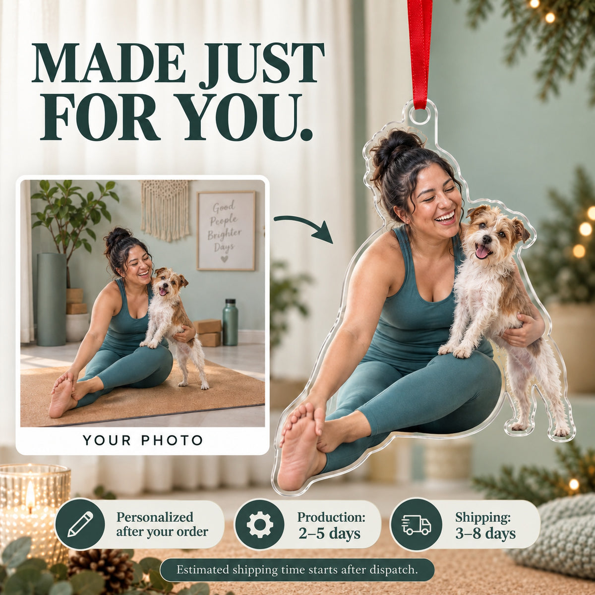Custom Photo Dog Yoga Assistant Acrylic Ornament — Production and delivery