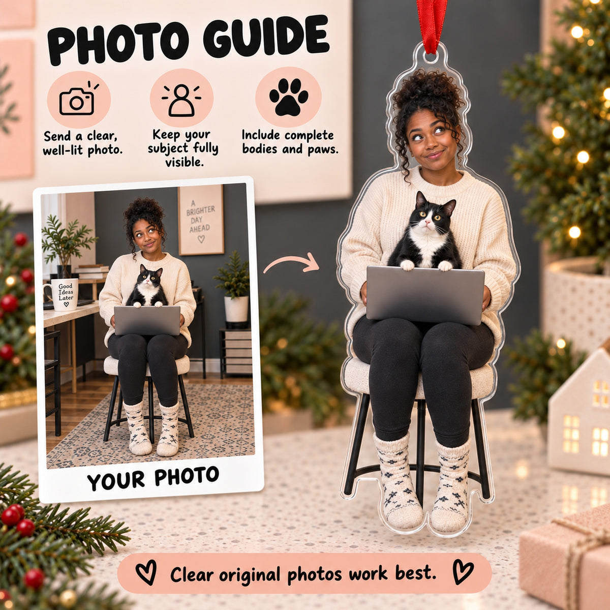 Custom Photo Cat Laptop Supervisor Acrylic Ornament — Personalization guide