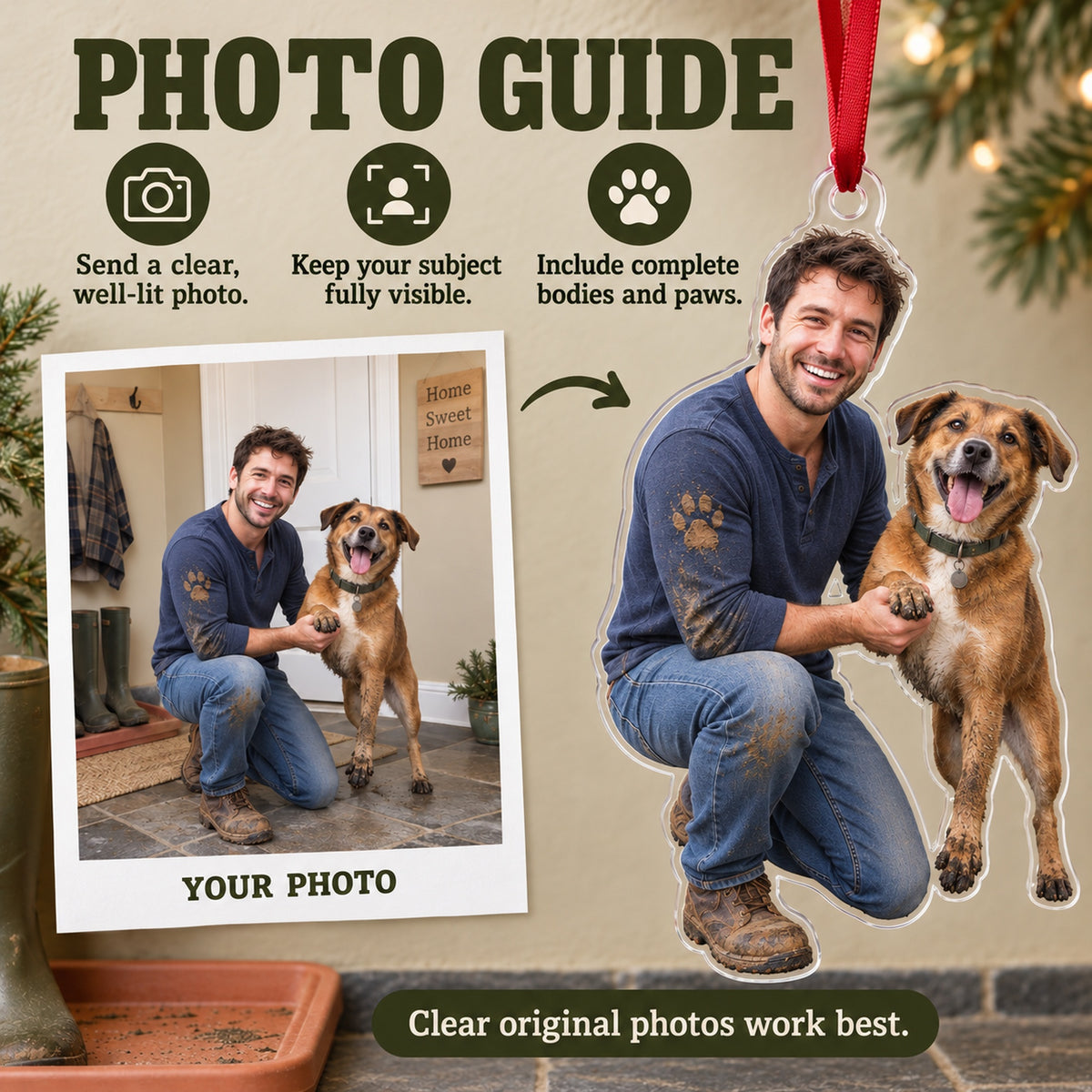 Custom Photo Dog Muddy Paws Acrylic Ornament — Personalization guide