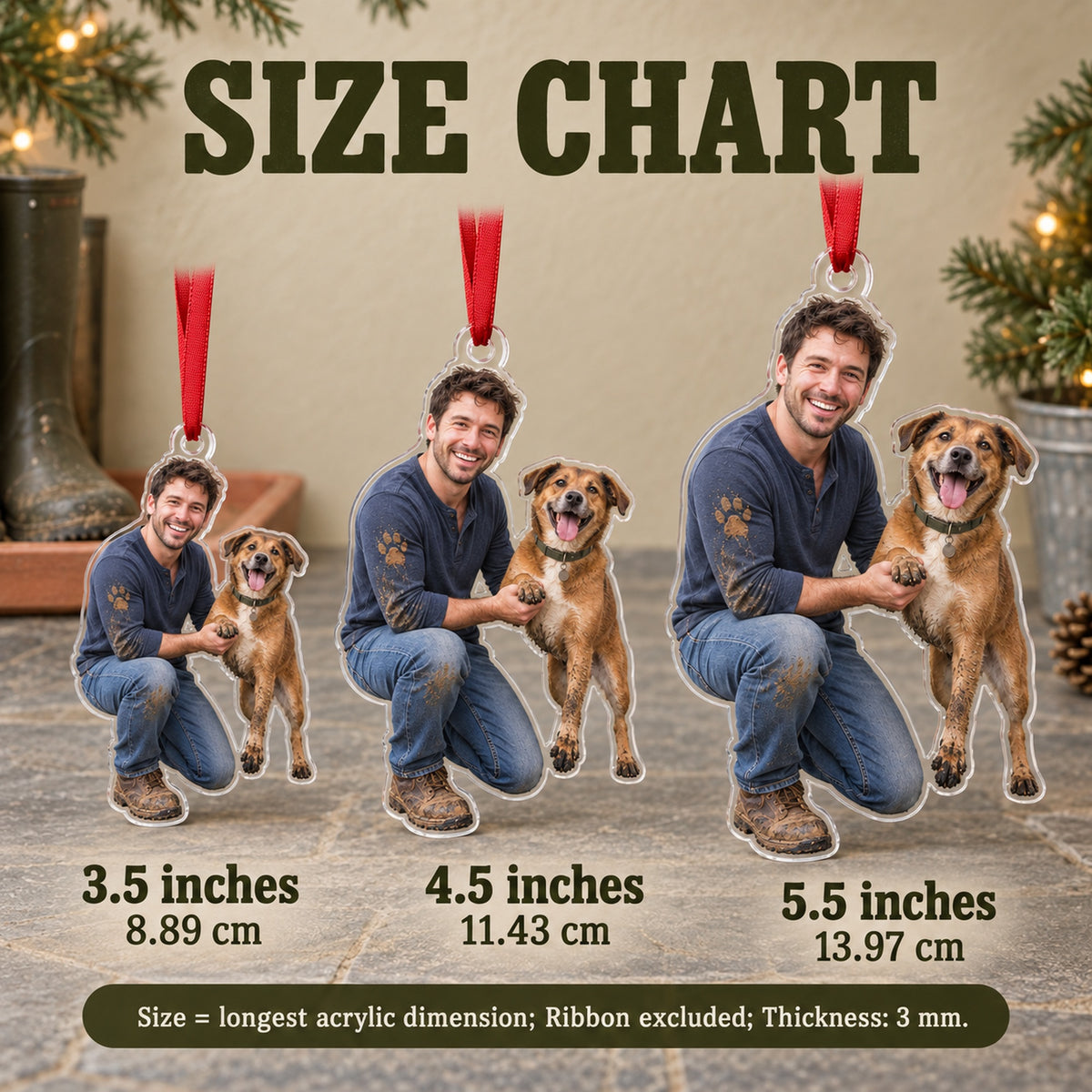 Custom Photo Dog Muddy Paws Acrylic Ornament — Size guide