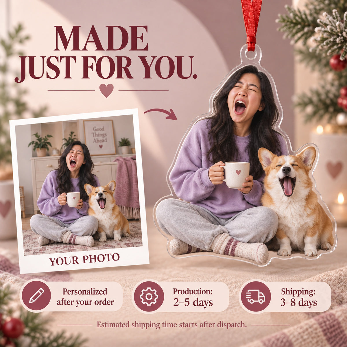 Custom Photo Matching Yawns Acrylic Ornament — Production and delivery