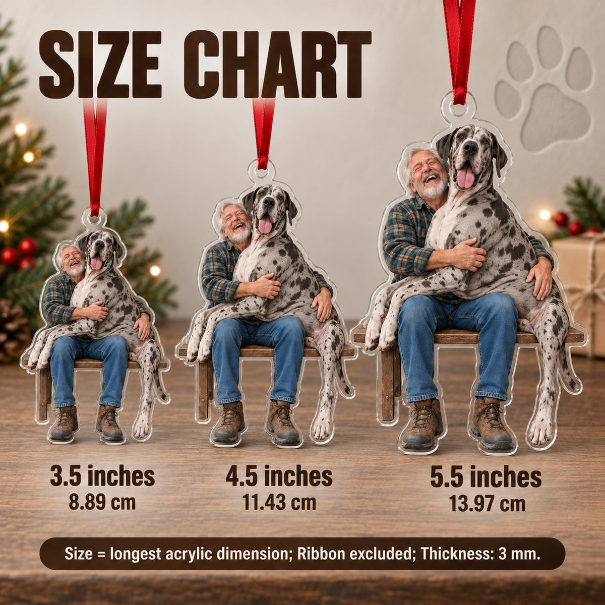 Custom Photo Great Dane Lap Dog Acrylic Ornament — Size guide
