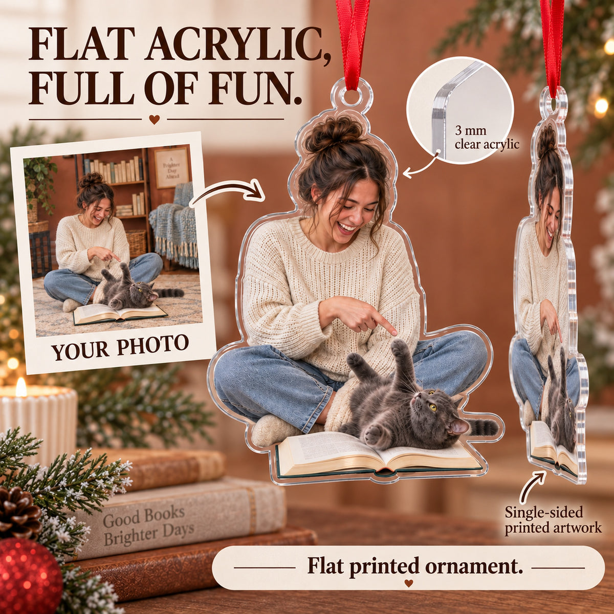 Custom Photo Cat Reads the Book Acrylic Ornament — Flat acrylic material