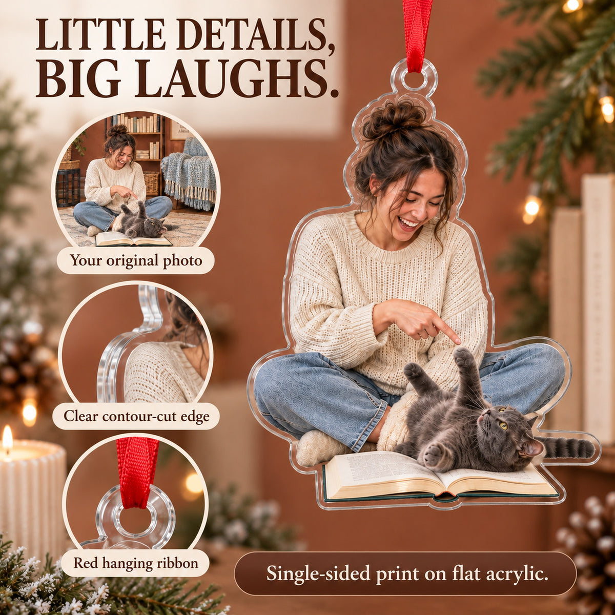 Custom Photo Cat Reads the Book Acrylic Ornament — Product details