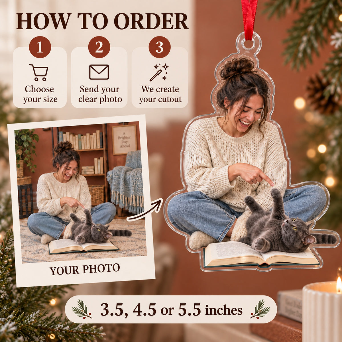Custom Photo Cat Reads the Book Acrylic Ornament — How to order