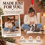 Custom Photo Cat Reads the Book Acrylic Ornament — Production and delivery