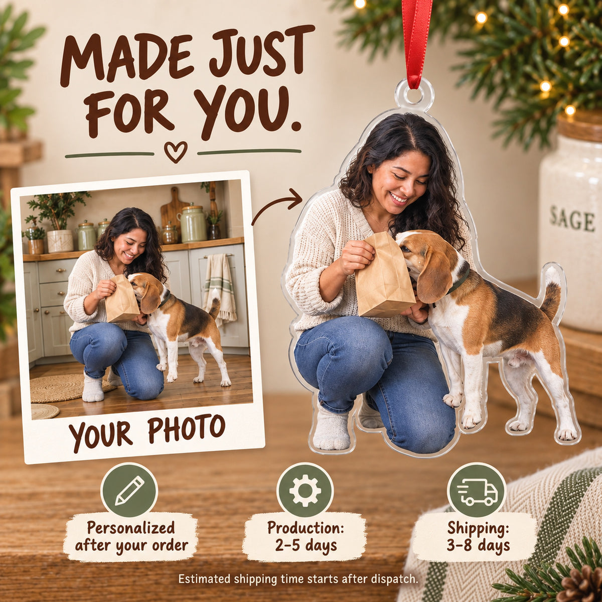Custom Photo Treat Bag Inspector Acrylic Ornament — Production and delivery