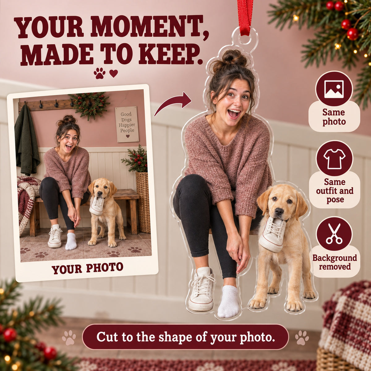 Custom Photo Puppy Shoe Thief Acrylic Ornament — Personalization example