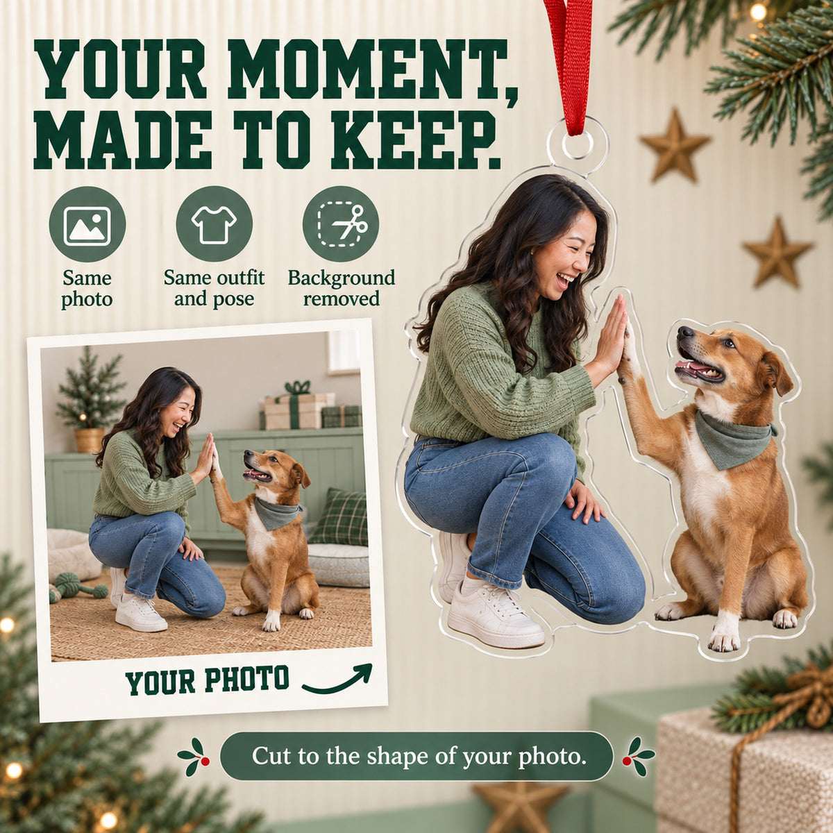 Custom Photo Dog High Five Acrylic Ornament — Personalization example