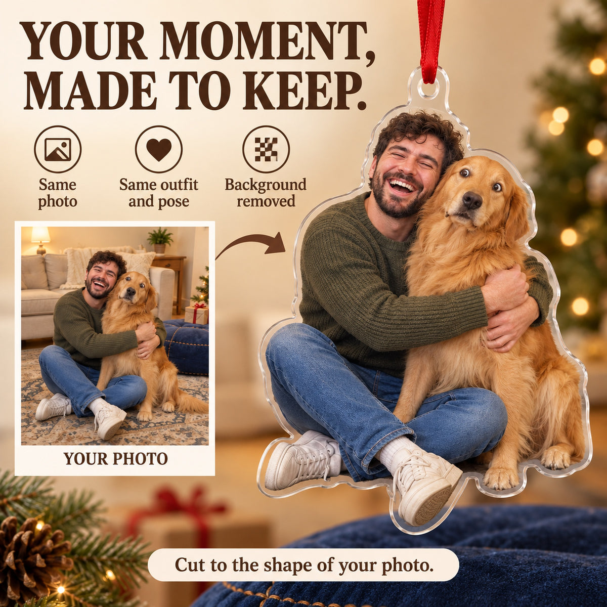 Custom Photo Golden Side Eye Acrylic Ornament — Personalization example