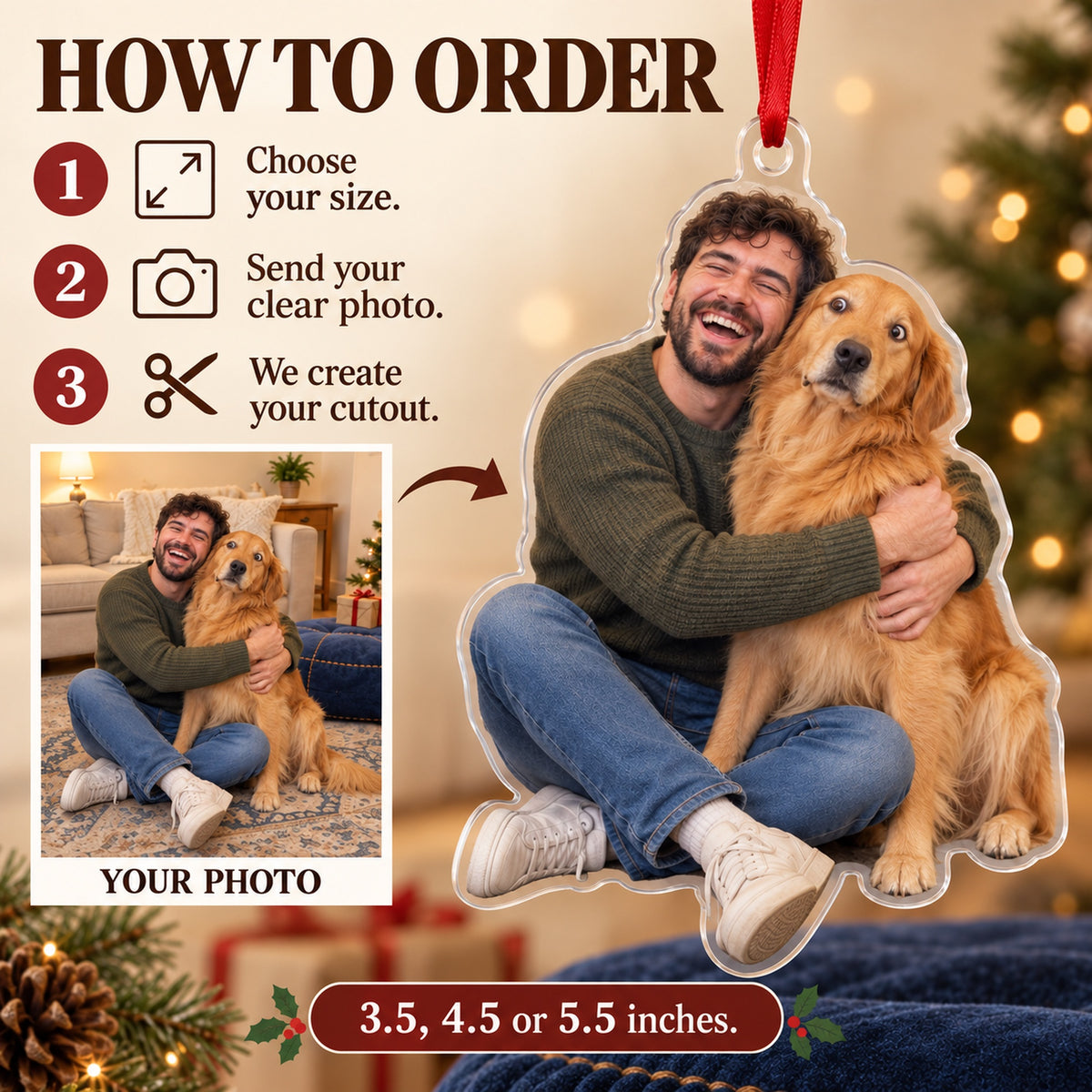 Custom Photo Golden Side Eye Acrylic Ornament — How to order