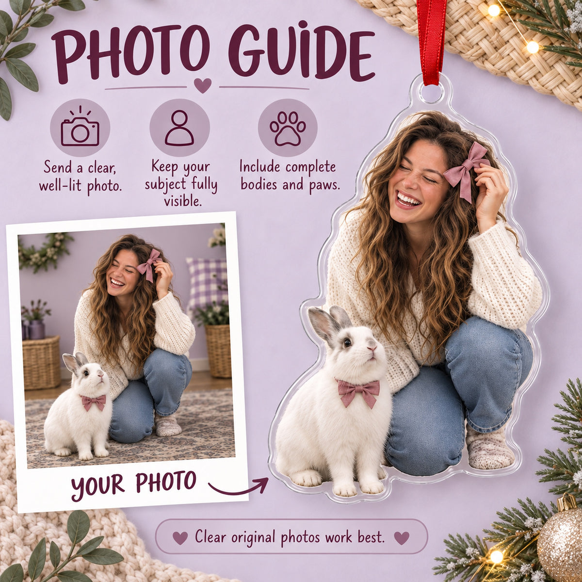 Custom Photo Bunny and the Bow Acrylic Ornament — Personalization guide