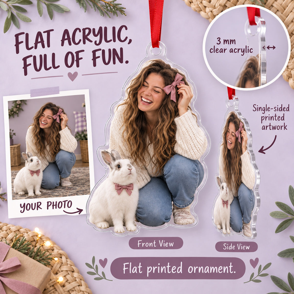 Custom Photo Bunny and the Bow Acrylic Ornament — Flat acrylic material