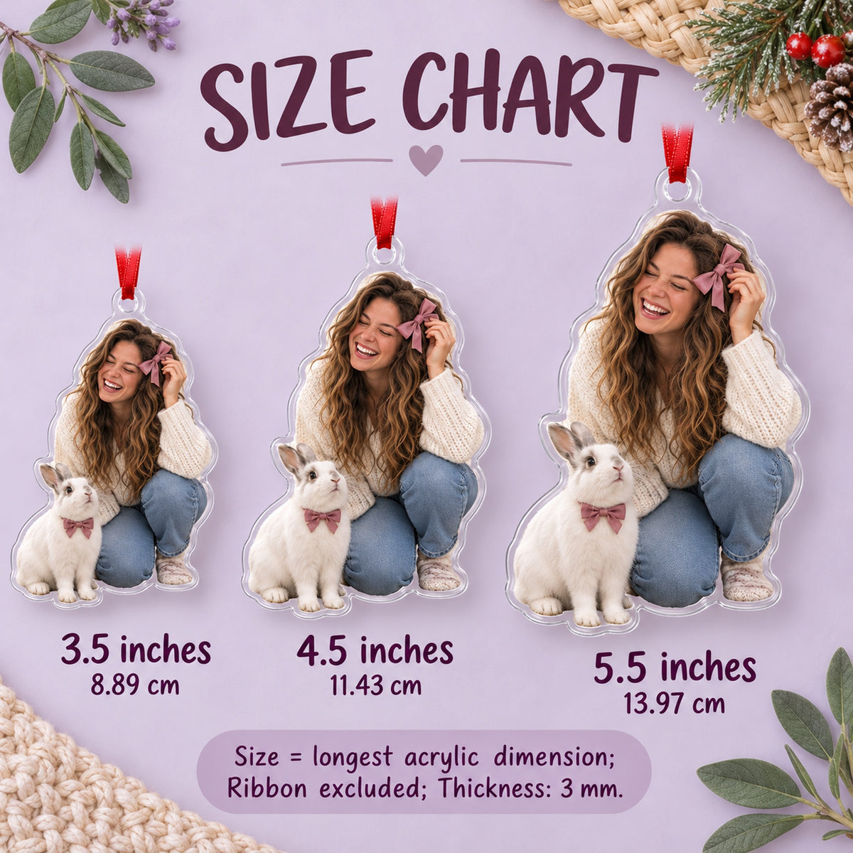 Custom Photo Bunny and the Bow Acrylic Ornament — Size guide